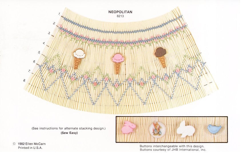 Patterned fabric with ice cream cone design and interchangeable buttons on a white background