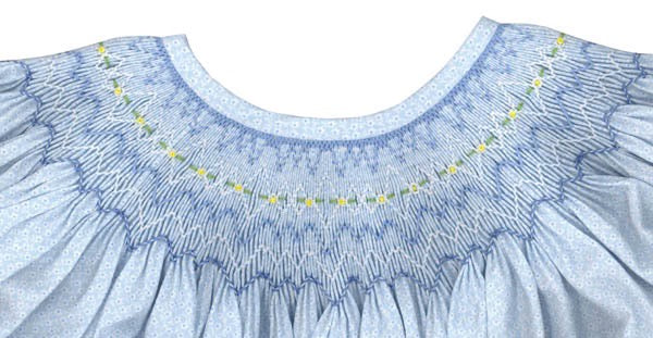 Close-up of a blue smocked dress collar with yellow embroidery on a white background