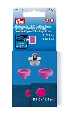 Frym tool set for Prym color snaps, including pink plastic snap tips and a silver metal snap component, presented in its original blue retail packaging.