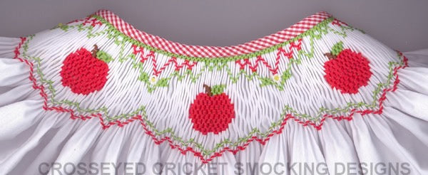 Smocking plate with apples. 6 3/4 rows of smocking on a bishop.