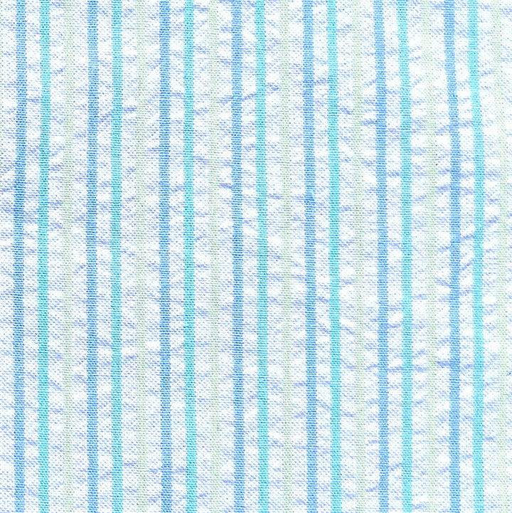 blue, yellow, and aqua striped seersucker