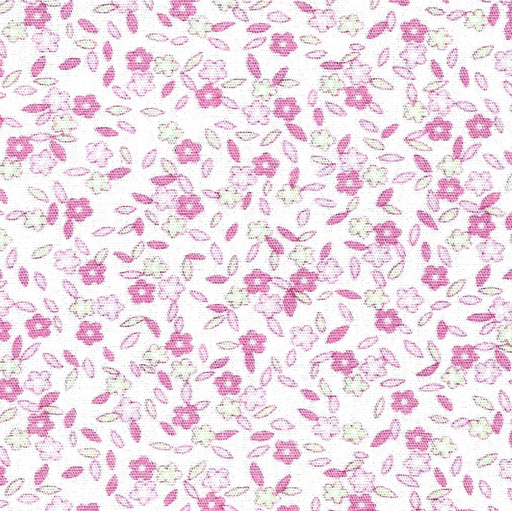 Floral pattern with pink flowers and green leaves on a white background