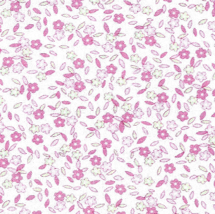 Floral pattern with pink flowers and green leaves on a white background