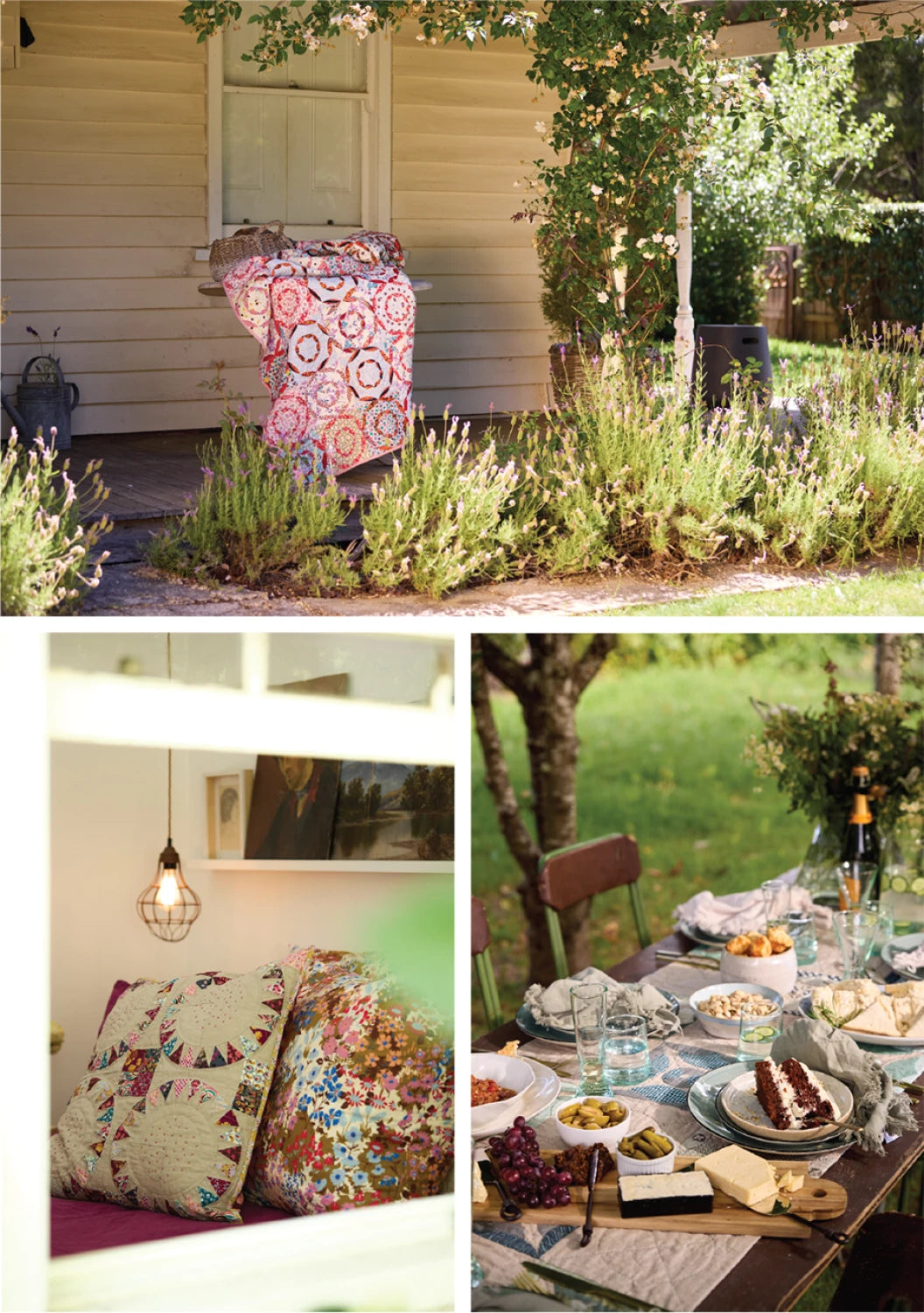 Collage of outdoor scenes including a garden, living room with pillows, and a dining table set.