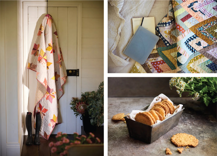 Collage of a quilted blanket, cookies in a tin, and a door with a plant.