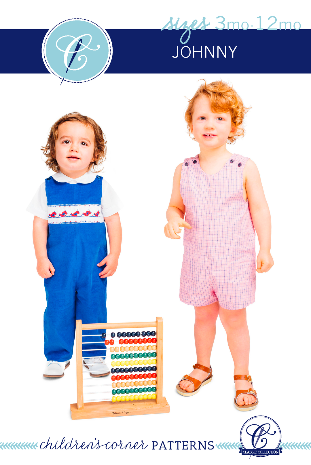 Two children wearing matching outfits with an abacus in front of them, branded 'Children's Corner Patterns'.