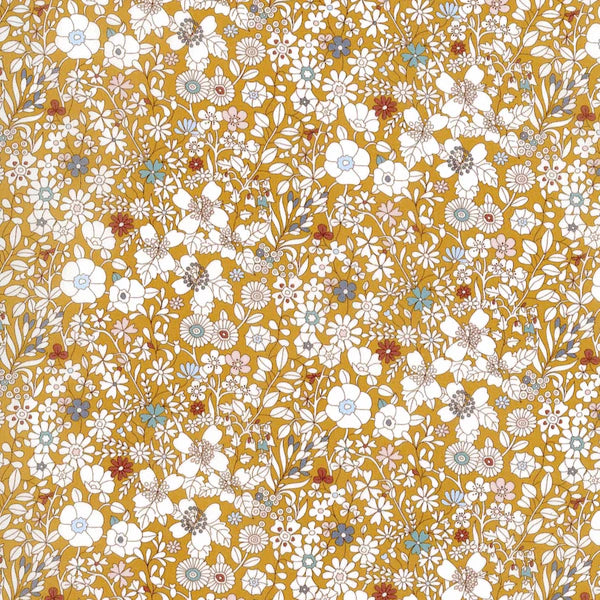 Golden floral fabric with touches of grey teal, cream & burgandy flowers