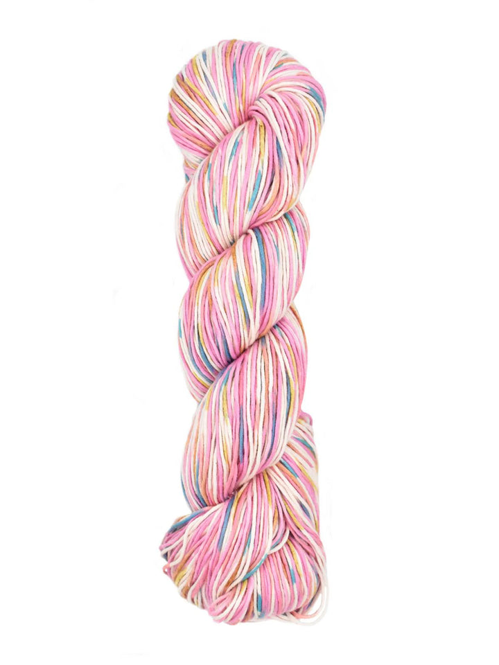 Ella Rae Hand Paints Cotton Yarn. The yarn is in shades of pink, blue, yellow, and white.