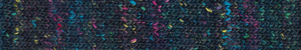 yarn in dark shades of navy with accents of pink, yellow, green