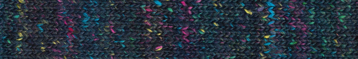 yarn in dark shades of navy with accents of pink, yellow, green