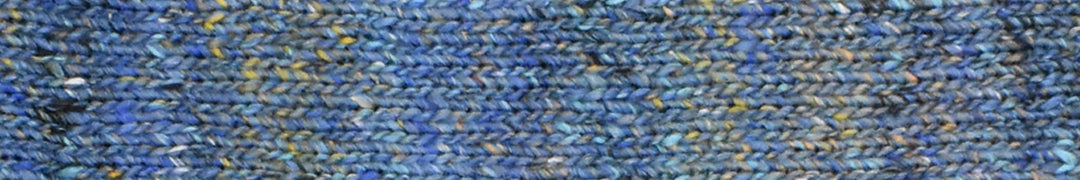 shades of blue yarn with yellow accents