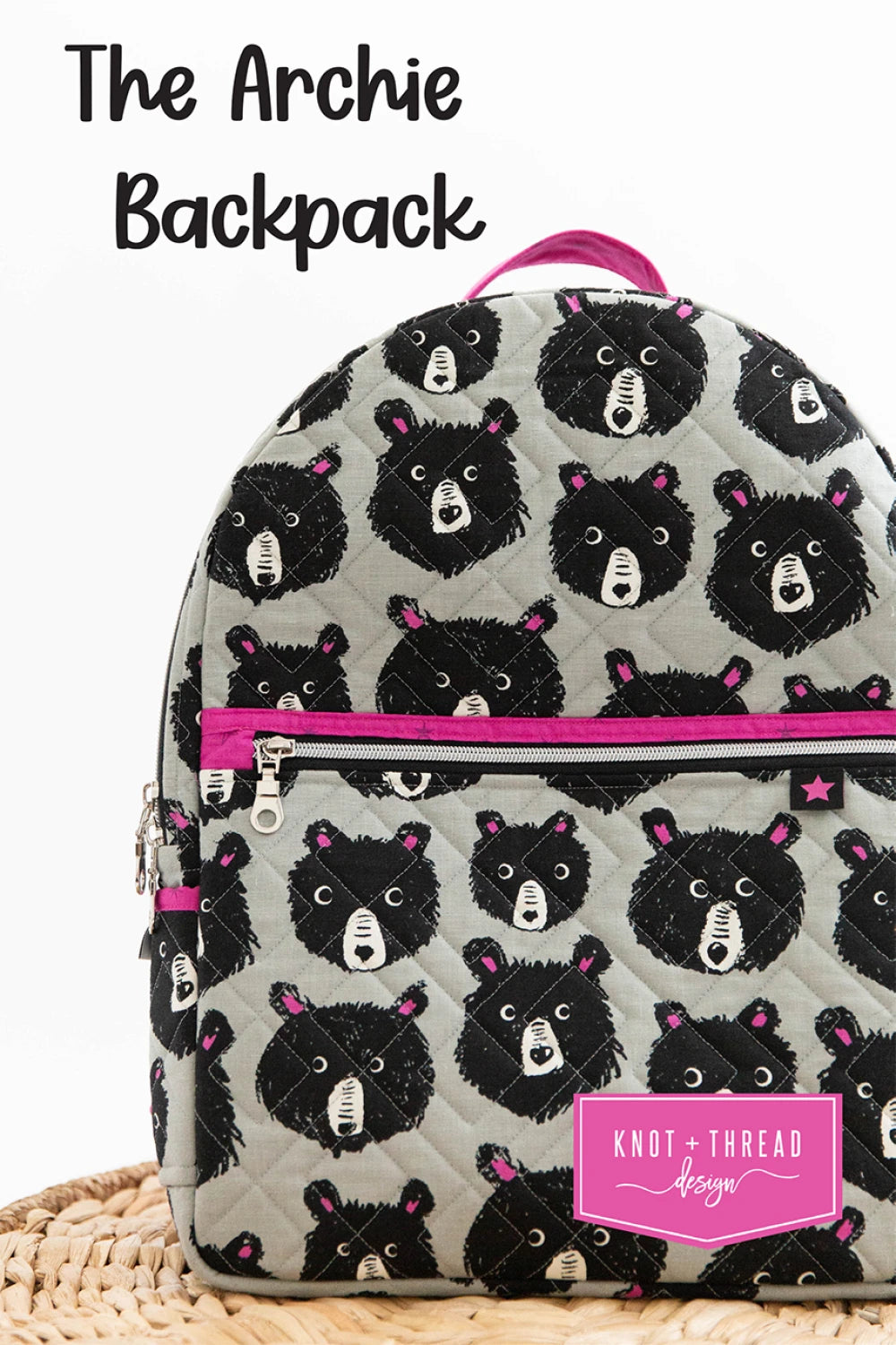 Backpack with bear pattern and pink accents on a white background