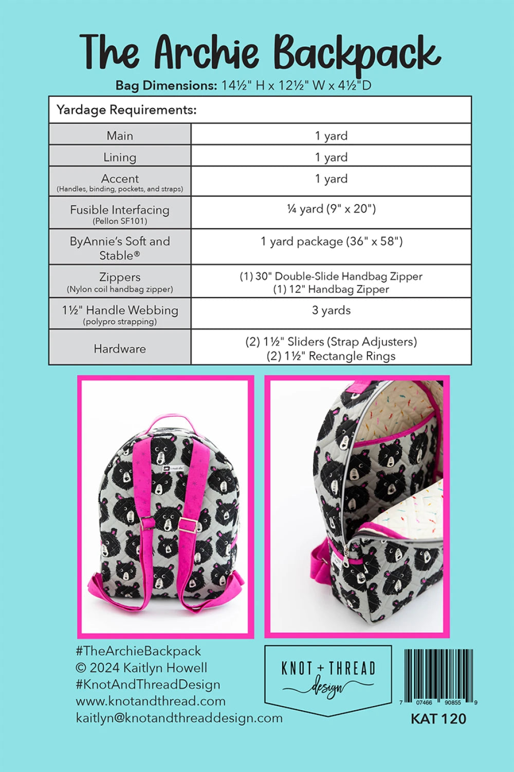 Pattern for The Archie Backpack with yardage requirements and images of the backpack.