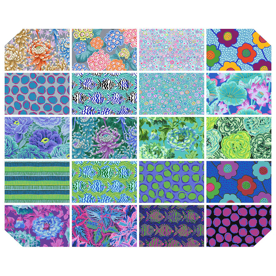 Grid of colorful fabric swatches with various patterns on a white background