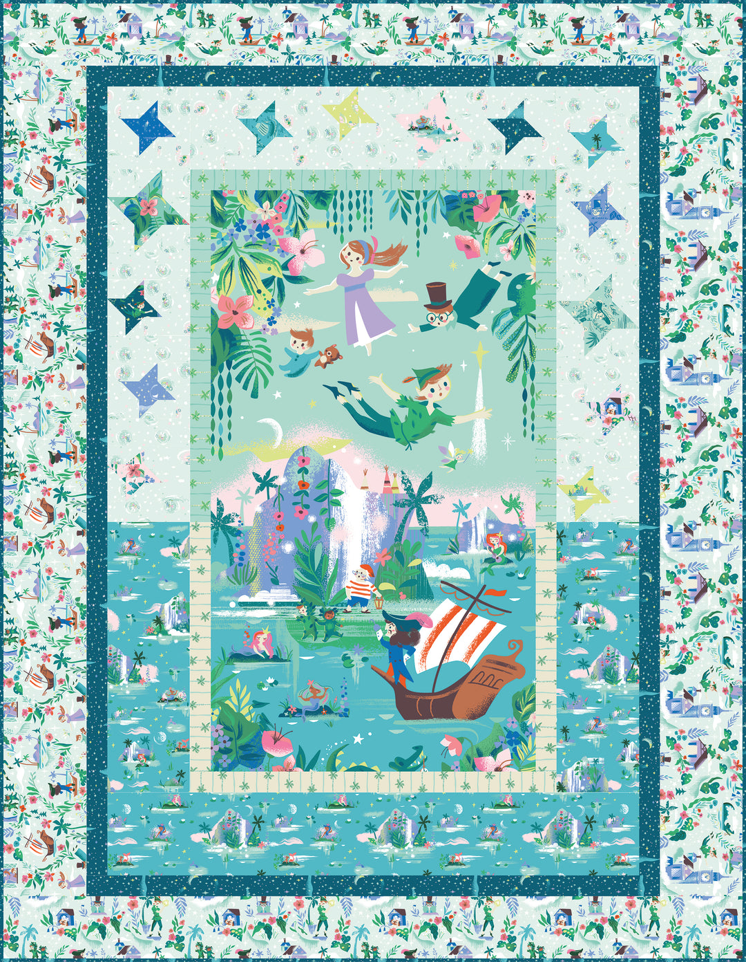 Forever Neverland quilt kit that features the Peter Pan characters