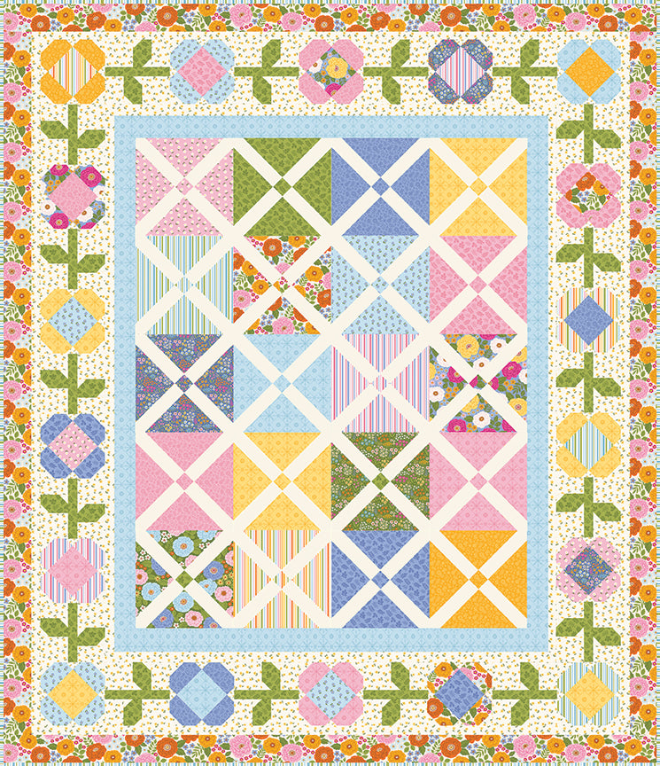 Plaid and Posies Quilt featuring pinks, greens, blues, and yellows with a flower block border