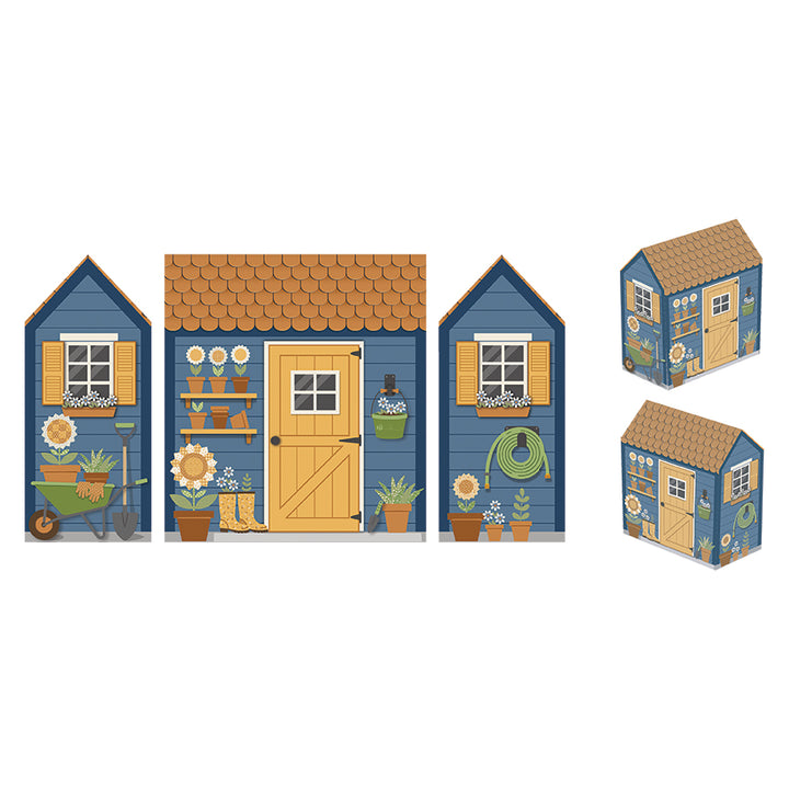 Set of five blue garden sheds with various gardening elements on a white background