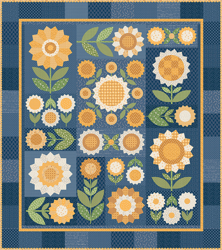 Floral quilt pattern with sunflowers on a blue background