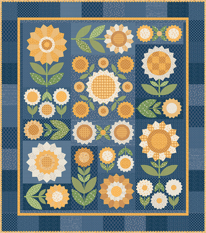 Floral quilt pattern with sunflowers on a blue background