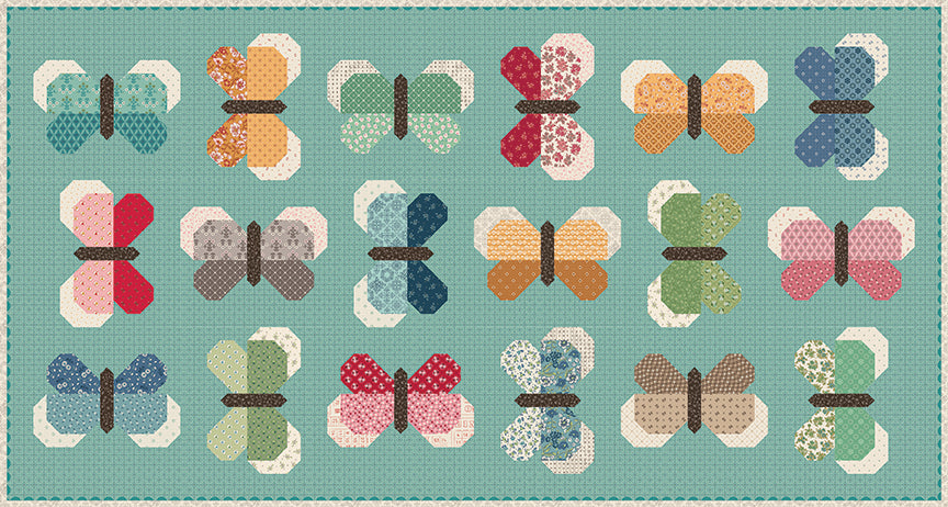 Pattern of colorful butterflies on a teal background