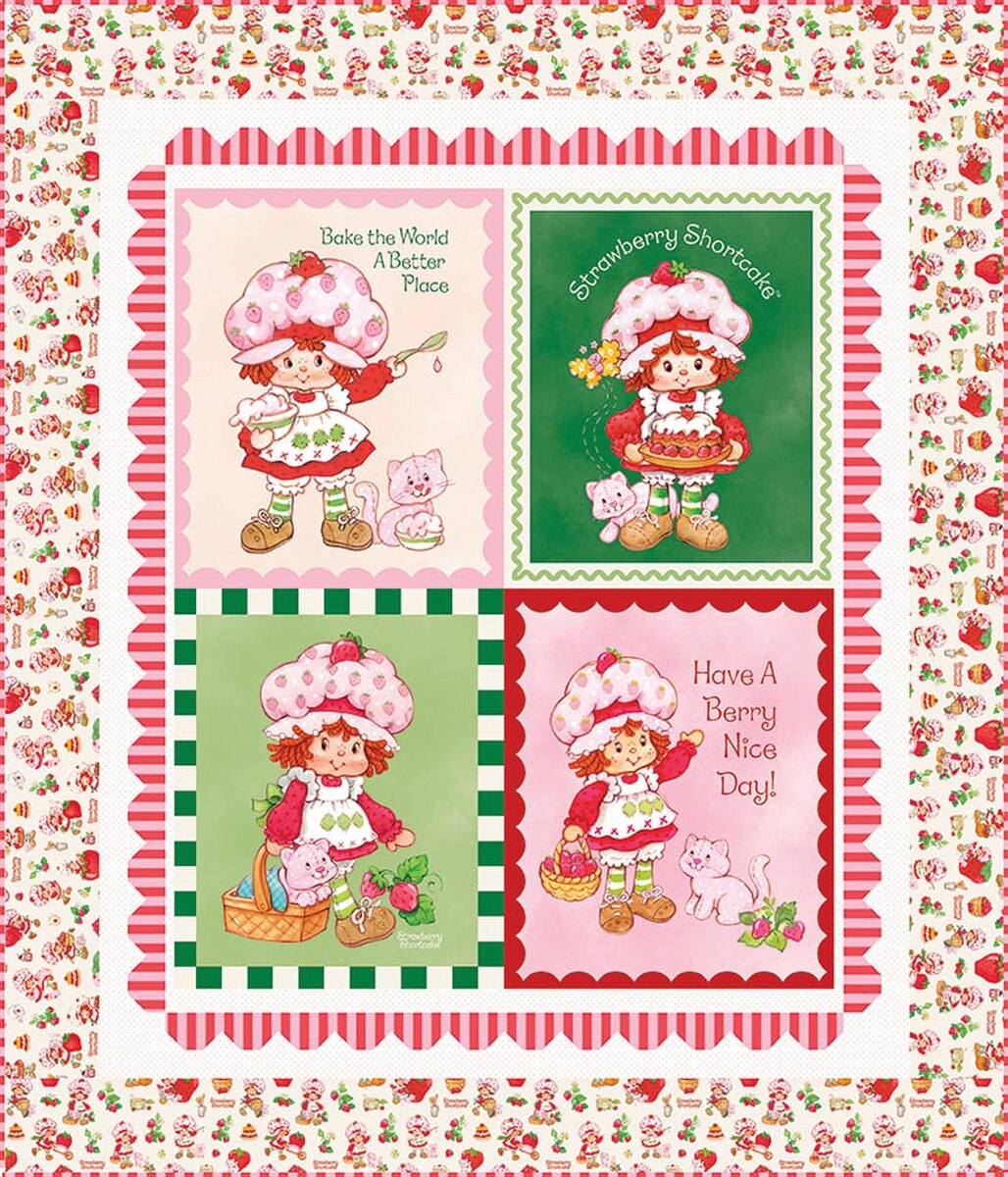 Strawberry Shortcake fabric with colorful graphics and text