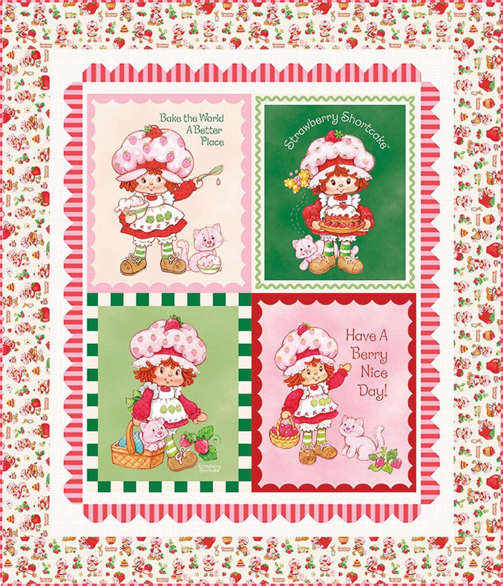 Strawberry Shortcake fabric with colorful graphics and text