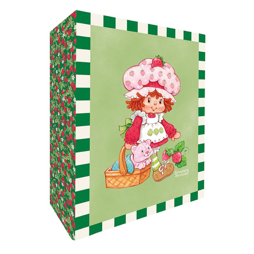 Strawberry Shortcake character on a green box with strawberry pattern
