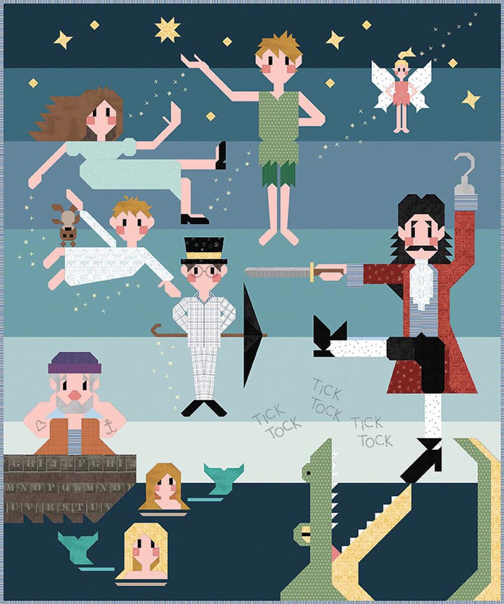 Illustration of various characters from a children's storybook, including a pirate and a mermaid, with a blue background.