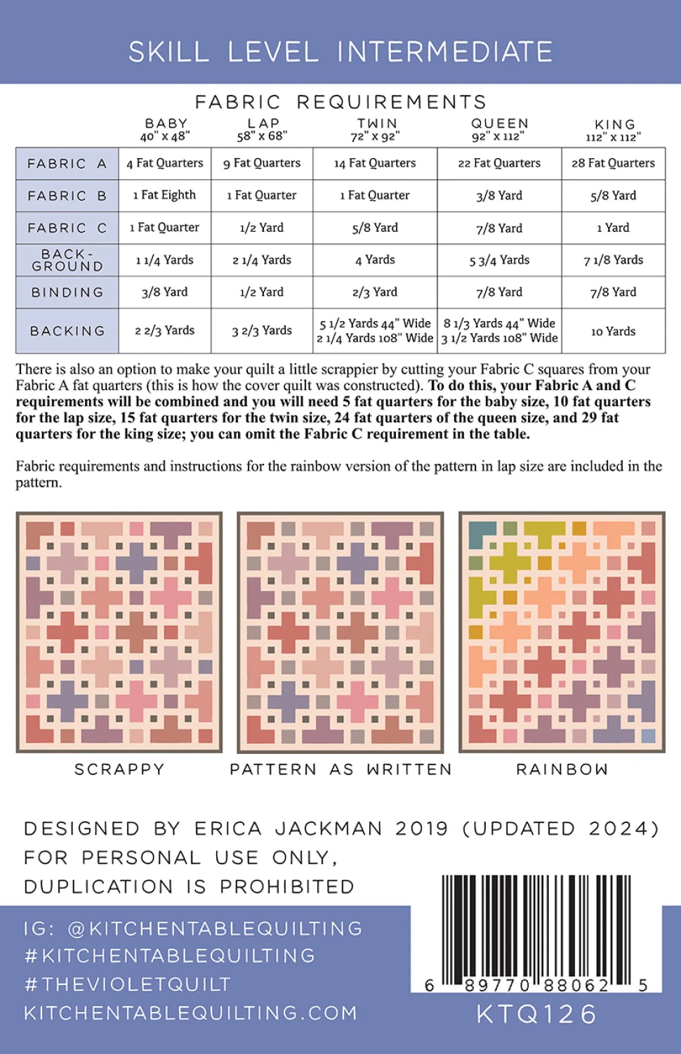 Quilt pattern book page with fabric requirements and design options.