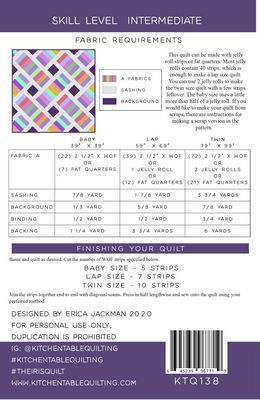 A fabric requirements chart for a quilting pattern, titled 'SKILL LEVEL INTERMEDIATE FABRIC REQUIREMENTS' with a small quilt pattern preview at the top left and tabular fabric measurements below.