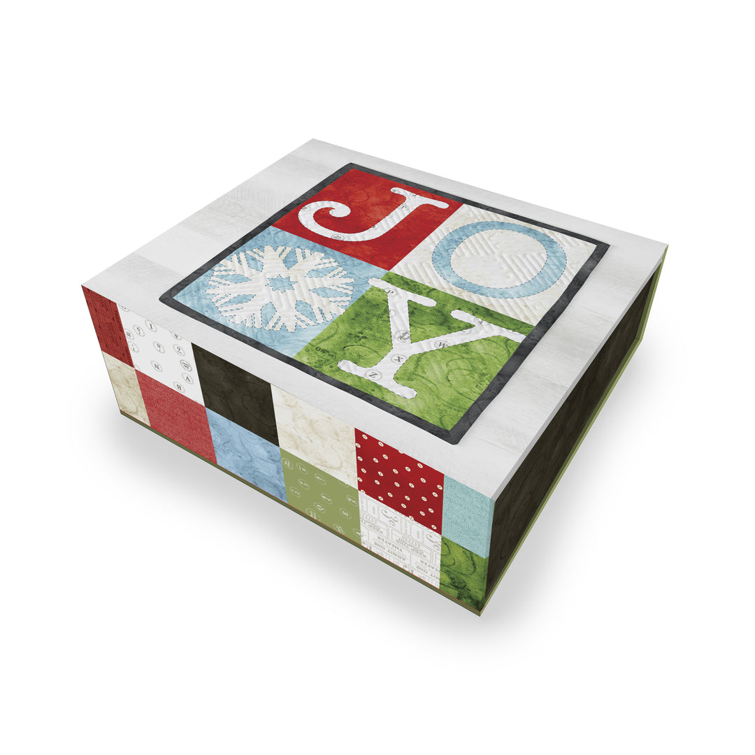 Colorful box with 'JOY' design on a white background