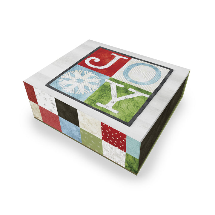 Colorful box with 'JOY' design on a white background