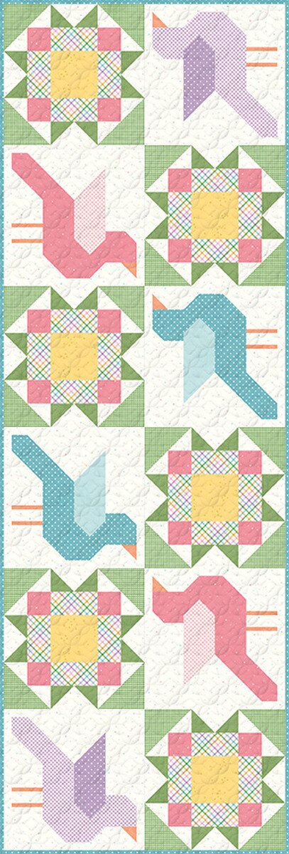 Quilt pattern with colorful geometric shapes and blocks