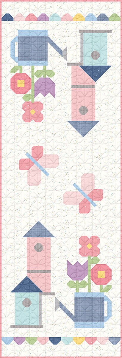 Children's quilt pattern with colorful birds, flowers, and buildings on a white background