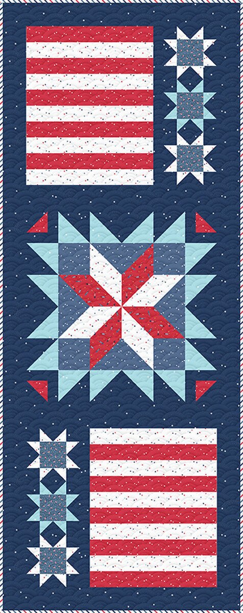 Quilt pattern with American flag and star designs on a blue background