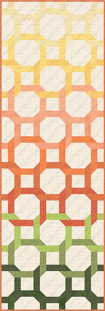 Geometric patterned rug with colorful shapes on a white background