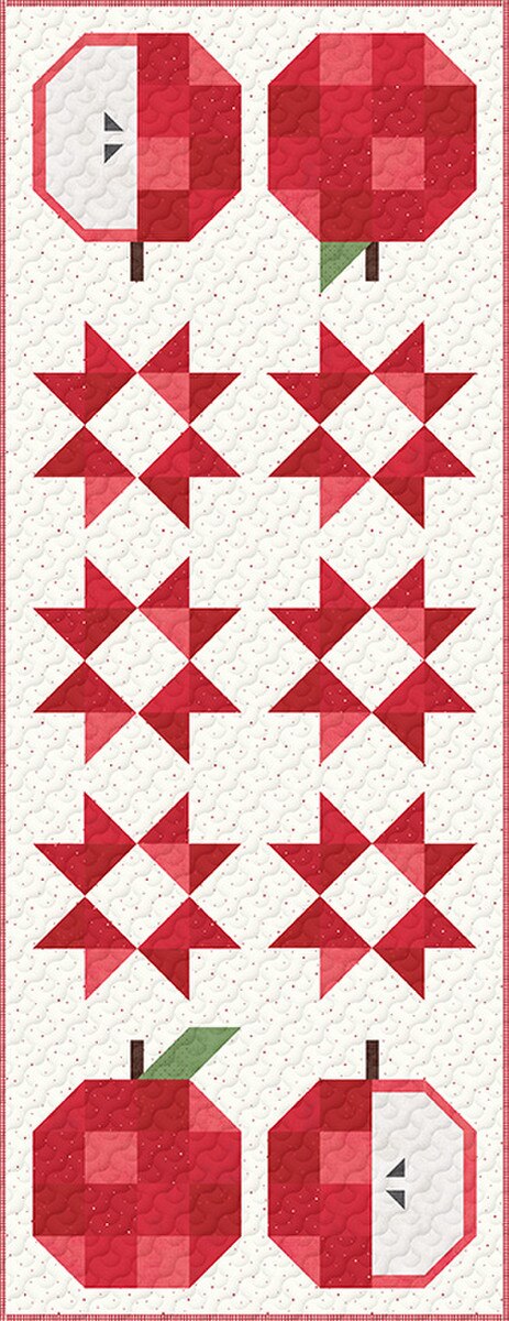 Quilt pattern with red apple and star designs on a white background