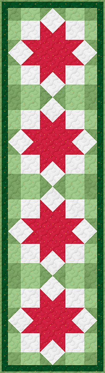 Quilt pattern with red, white, and green stars on a green background