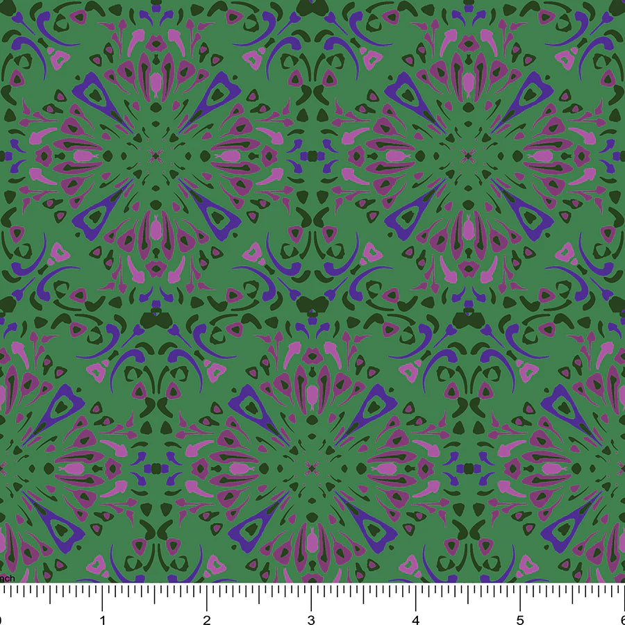 A kaleidoscope design with colors of green, purple, and pink