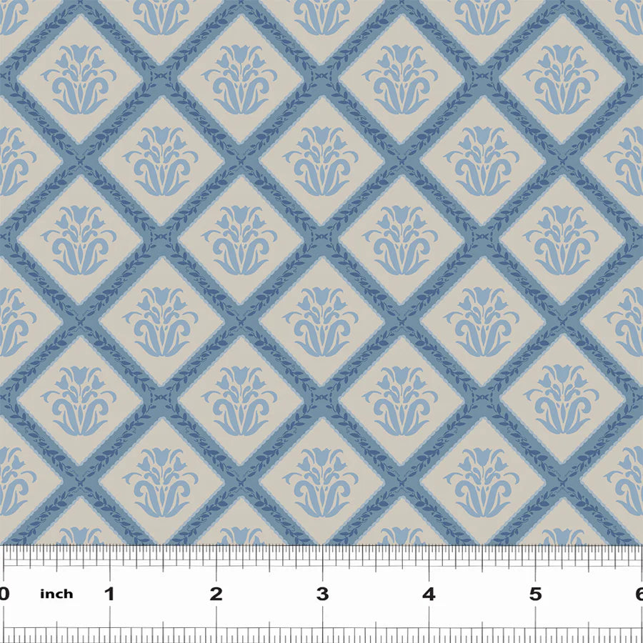 Blue diamond shaped fabric with a floral design