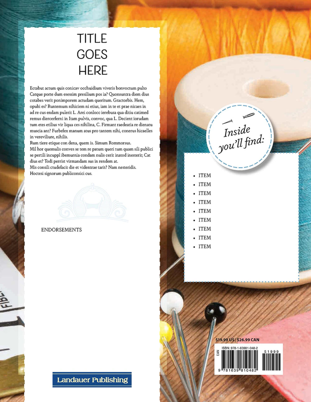 Bookback design with product images and text placeholders on a wooden surface.