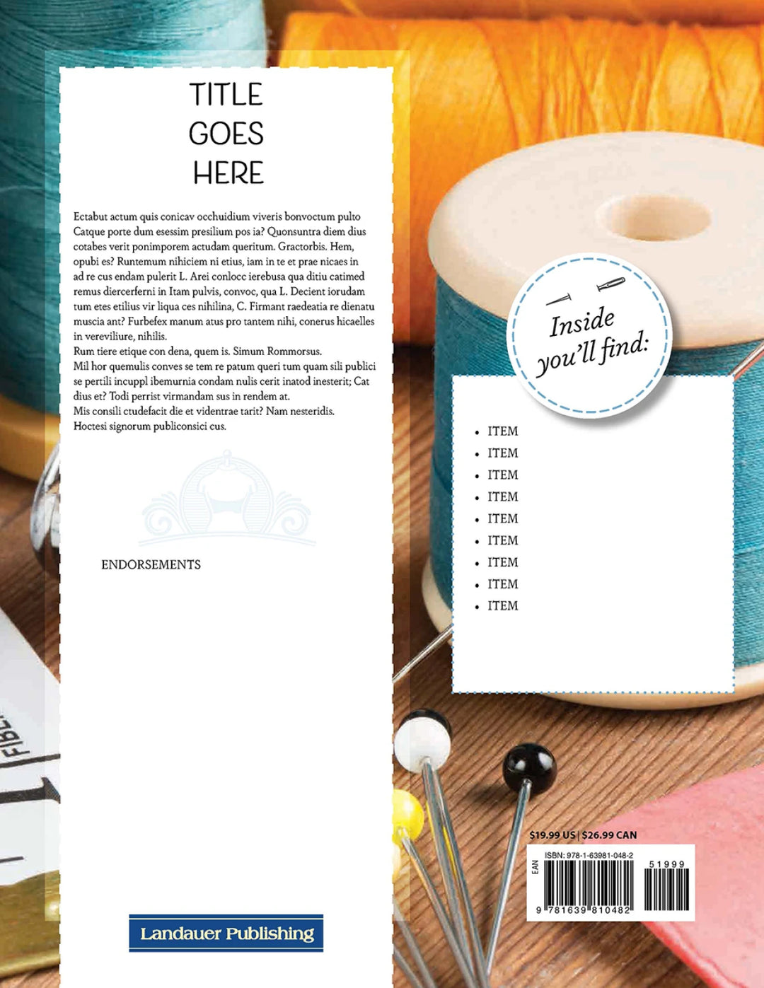 Bookback design with product images and text placeholders on a wooden surface.