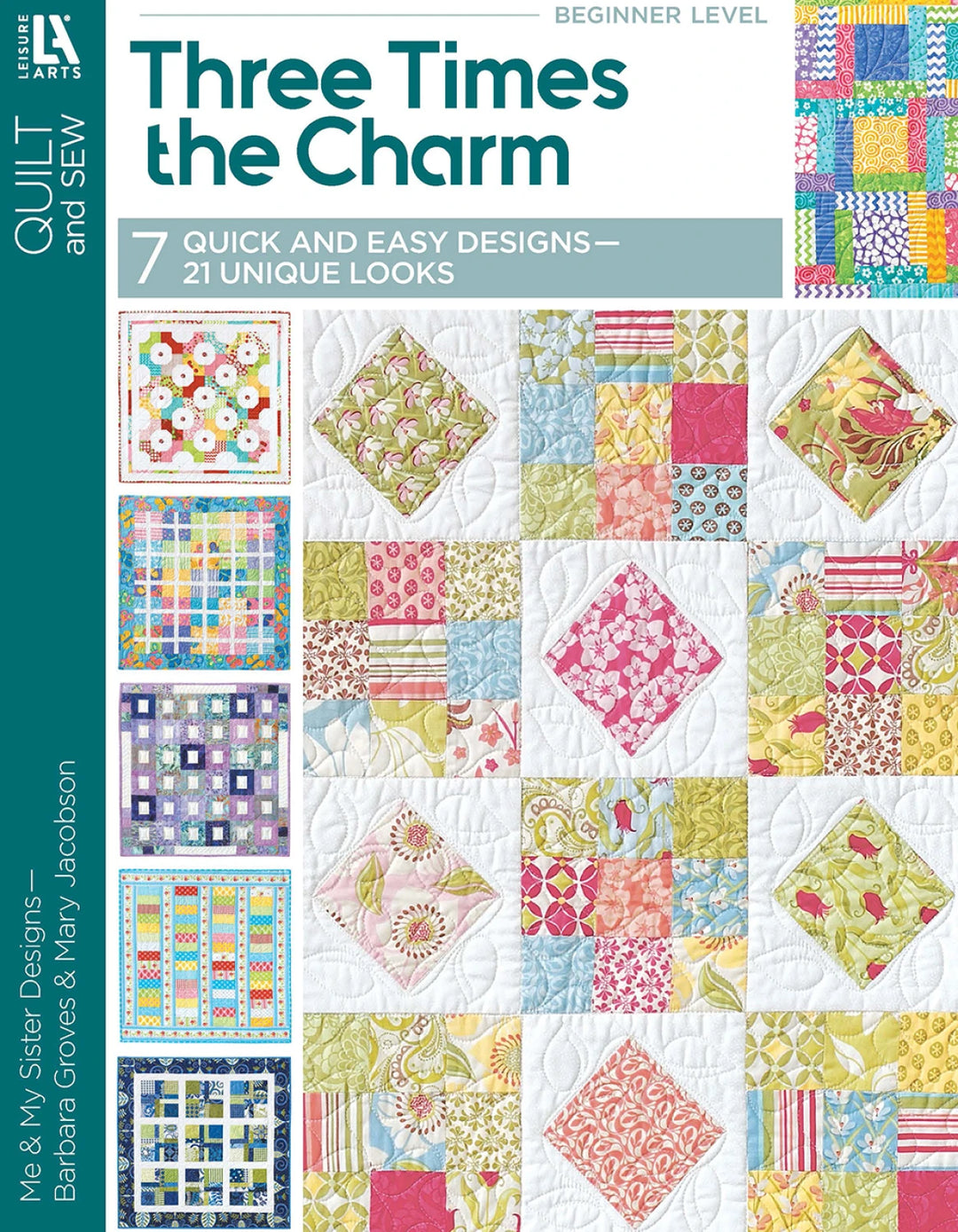 Book cover of 'Three Times the Charm' with quilt patterns on a white background