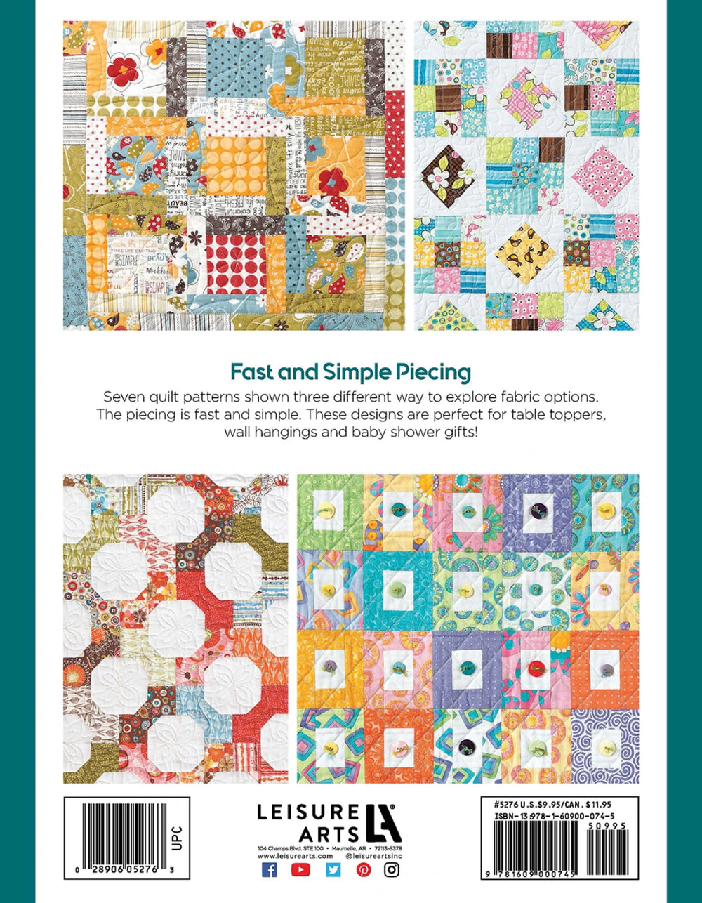 Book cover of 'Fast and Simple Piecing' by Leisure Arts with quilt patterns displayed.