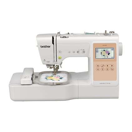 Brother sewing machine with embroidery hoop on a white background