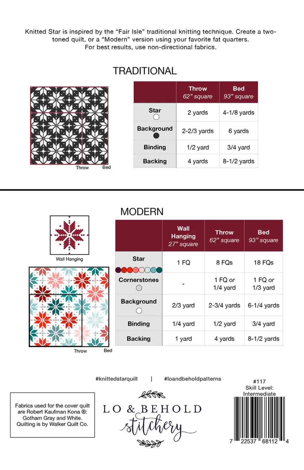 Pattern guide for a quilt with star design, including measurements and fabric requirements.