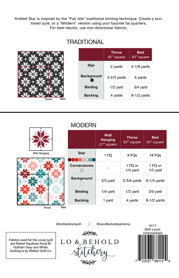 Pattern guide for a quilt with star design, including measurements and fabric requirements.