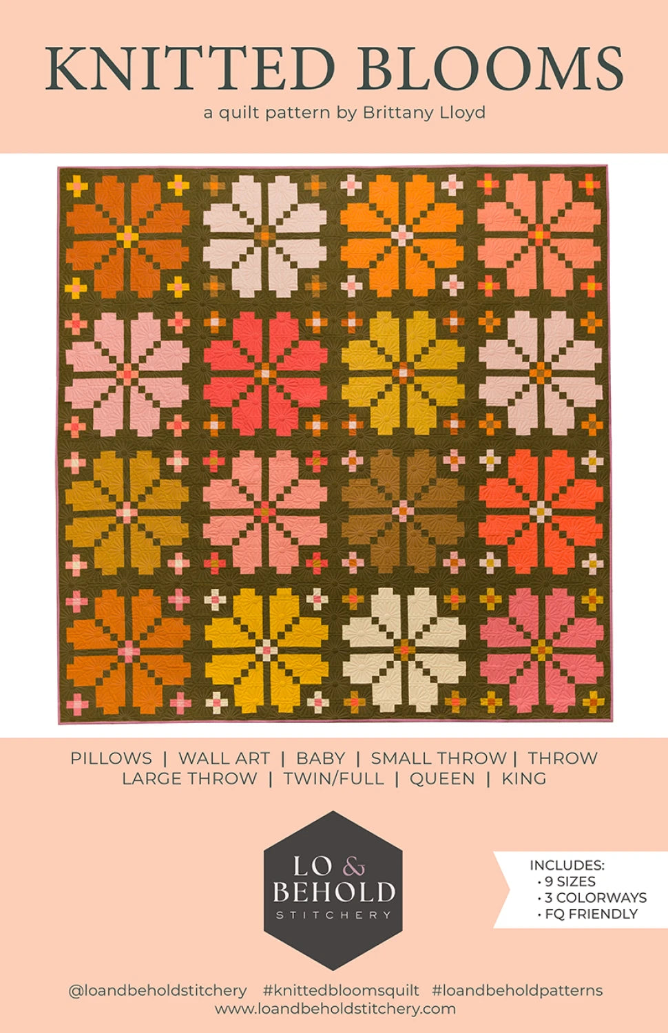 Knitted Blooms quilt pattern by Brittany Lloyd with colorful flower patterns on a beige background.