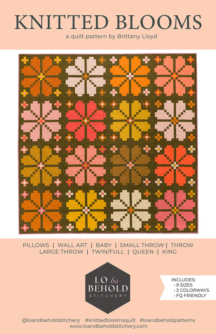 Knitted Blooms quilt pattern by Brittany Lloyd with colorful flower patterns on a beige background.