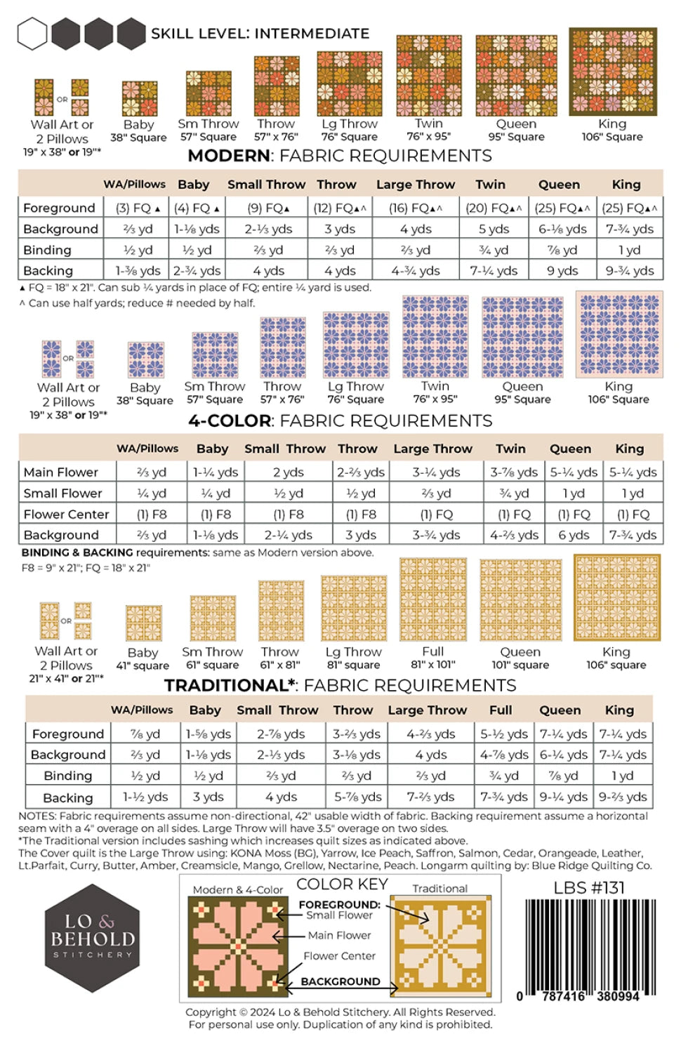 Fabric requirement chart for a quilt pattern with color key and measurements.